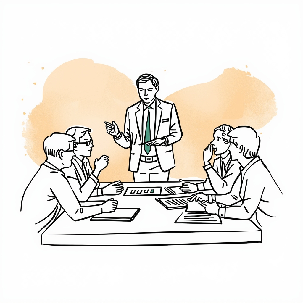 lucid-origin_Editorial_line_drawing_illustration_of_a_real_estate_consultant_leading_and_coor-0